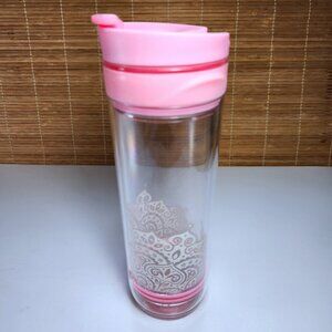 Davids Tea Travel Tumbler Infuser Clear Travel Mug w White Design and Pink Lid
